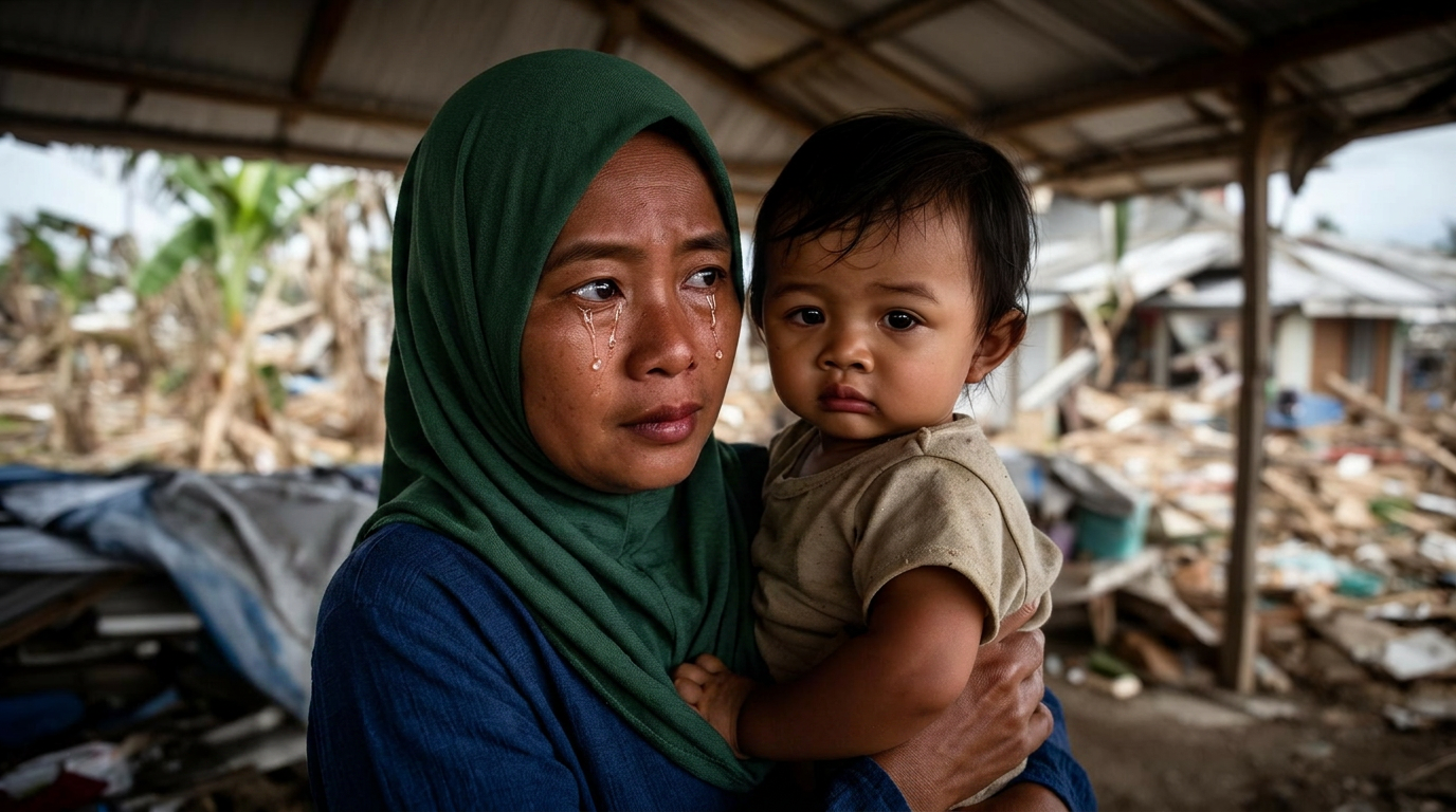 Seorang ibu memeluk anak kecilnya di kawasan perlindungan sementara